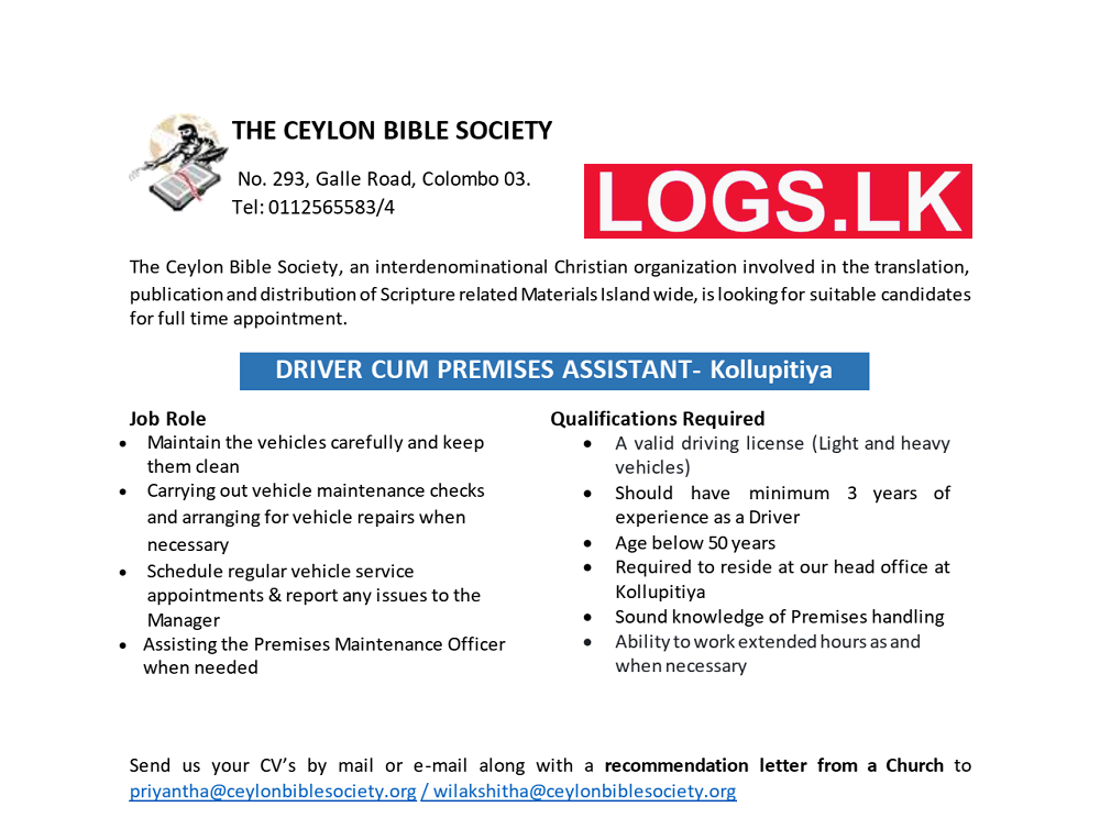 Driver cum Premises Assistant Vacancy at The Ceylon Bible Society Job Vacancies