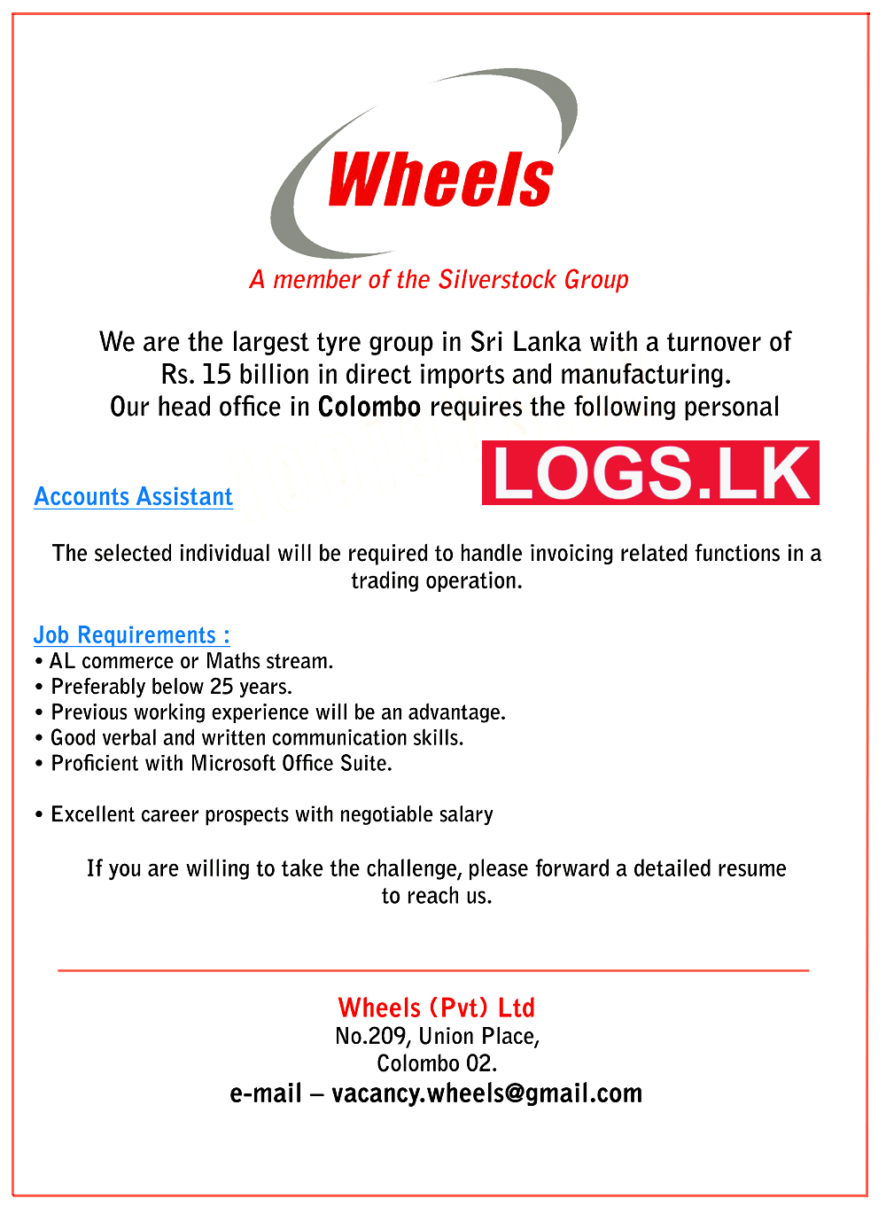 Accounts Assistant Job Vacancy at Wheels (Pvt) Ltd Job Vacancies