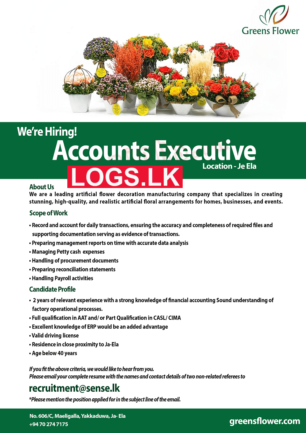 Accounts Executive Job Vacancy at Greens Flower Creations (Pvt) Ltd Job Vacancies