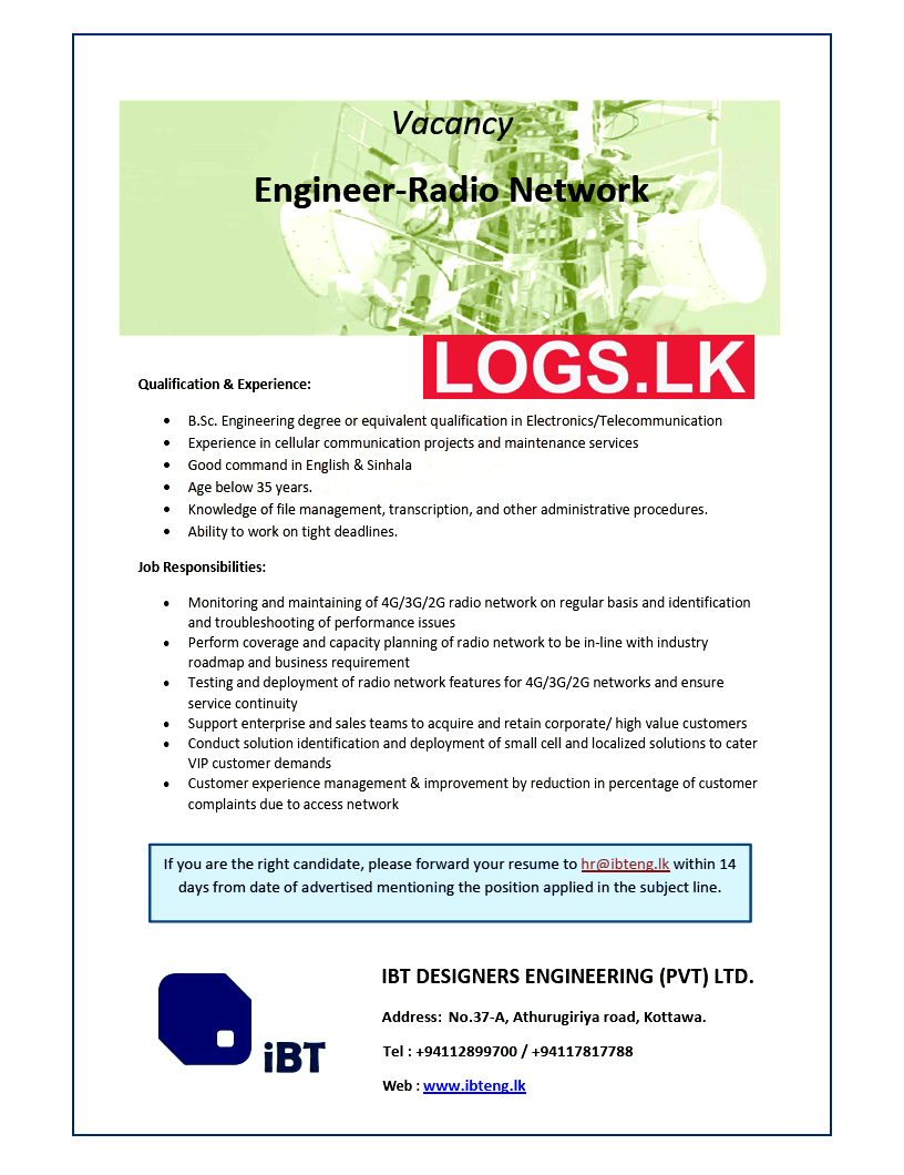 Engineer (Radio Network) Job Vacancy at IBT Designers Engineering (Pvt) Ltd Job Vacancies