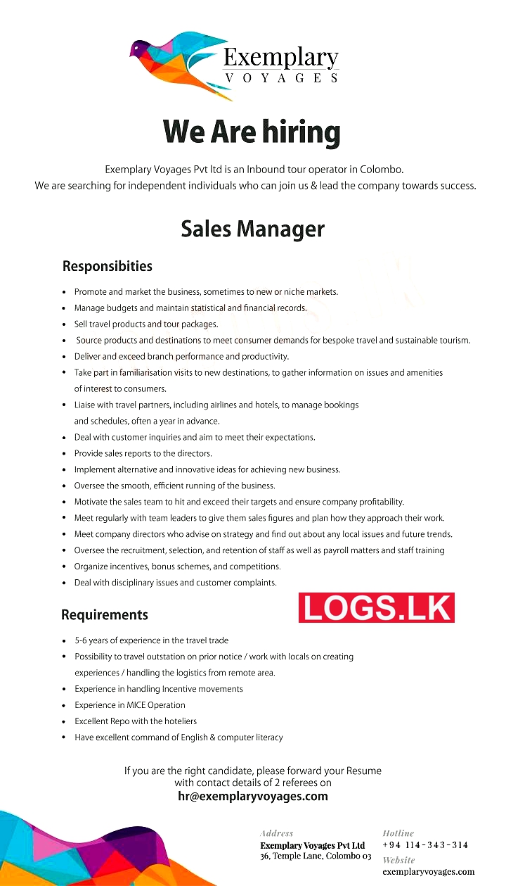 Sales Manager Job Vacancy at Exemplary Voyages (Pvt) Ltd Job Vacancies