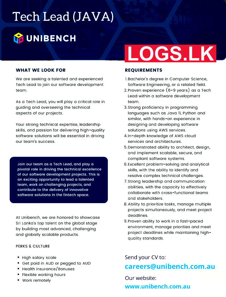 Tech Lead (JAVA) Job Vacancy at Unibench (Pvt) Ltd Job Vacancies