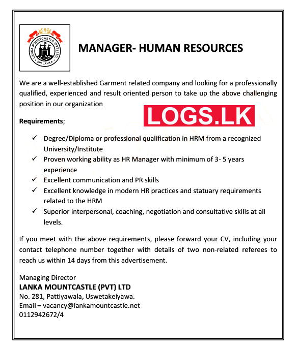 Human Resource Manager Vacancy at Lanka Mountcastle (Pvt) Ltd Job Vacancies