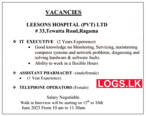 Hospital Job Vacancies at Leesons Hospital (Pvt) Ltd in Sri Lanka