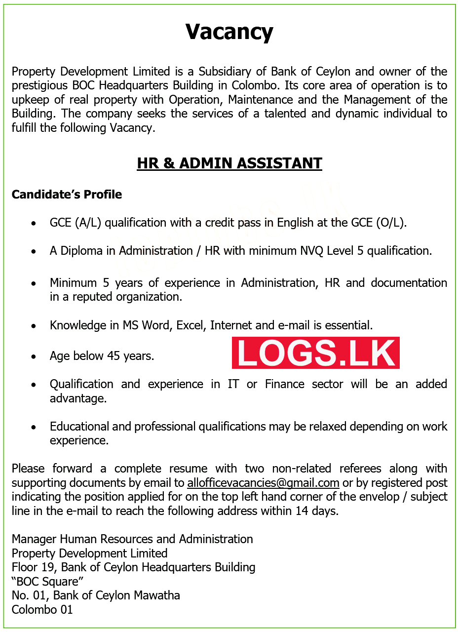 HR & Admin Assistant Vacancy at Property Development Limited Job Vacancies
