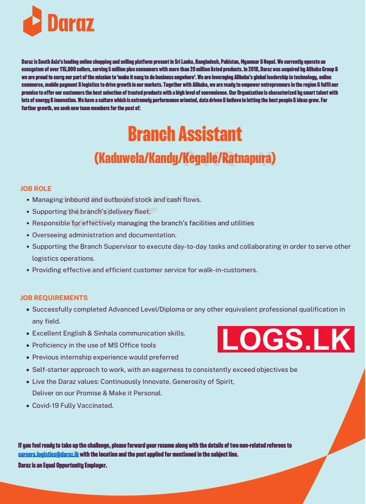 Branch Assistant Job Vacancy at Daraz Sri Lanka Job Vacancies