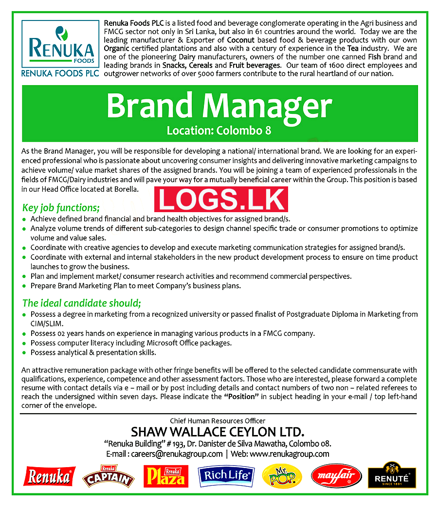 Brand Manager Job Vacancy at Shaw Wallace Ceylon Ltd Job Vacancies in Ekala Sri Lanka