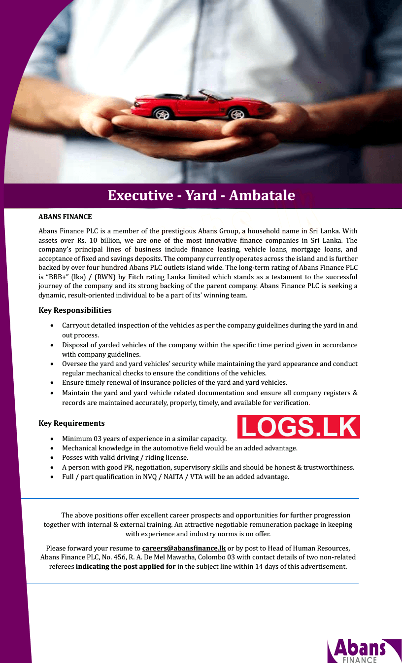 Yard Executive Job Vacancy at Ambatale Abans Finance Job Vacancies