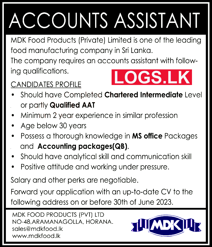 Accounts Assistant Job Vacancy at MDK Food Products (Pvt) Ltd Job Vacancies