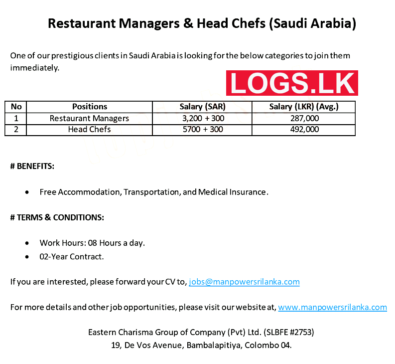 Restaurant Managers & Head Chefs Job Vacancies at Saudi Arabia Job Vacancies