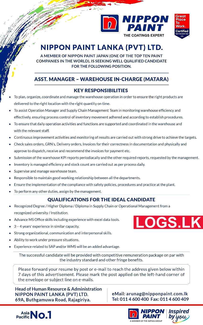 Assistant Manager Job Vacancy at Nippon Paint Sri Lanka Job Vacancies