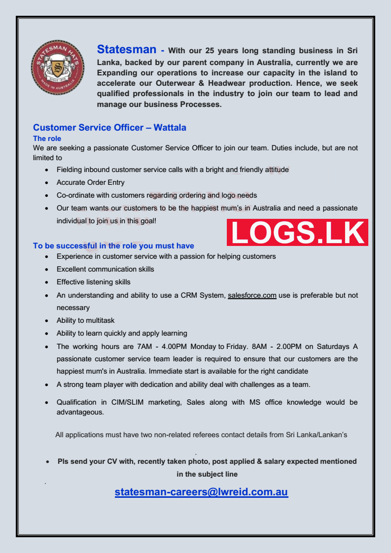 Customer Service Officer Job Vacancy at Statesman Hats (Pvt) Ltd Job Vacancies