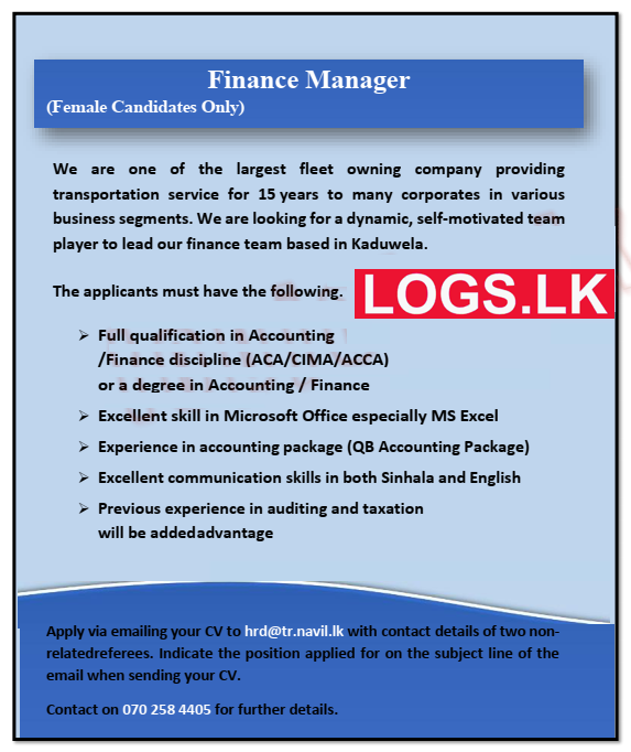 Finance Manager (Female) Job Vacancy at Navil Enterprises (Pvt) Ltd Job Vacancies