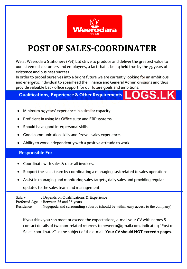Sales Coordinator Job Vacancy at Weerodara Stationery (Pvt) Ltd Job Vacancies