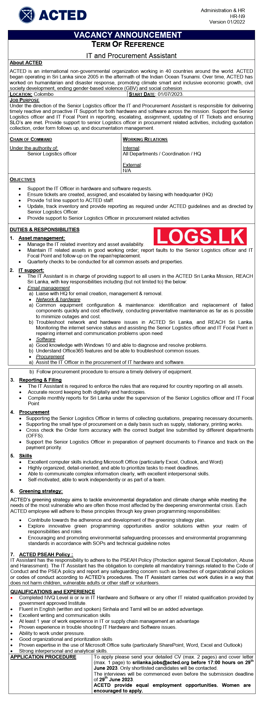 IT and Procurement Assistant Job Vacancy at ACTED Sri Lanka Job Vacancies