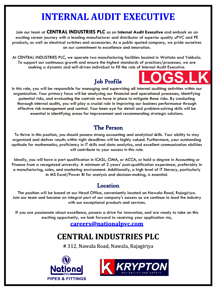 Internal Audit Executive Job Vacancy at Central Industries PLC Job Vacancies