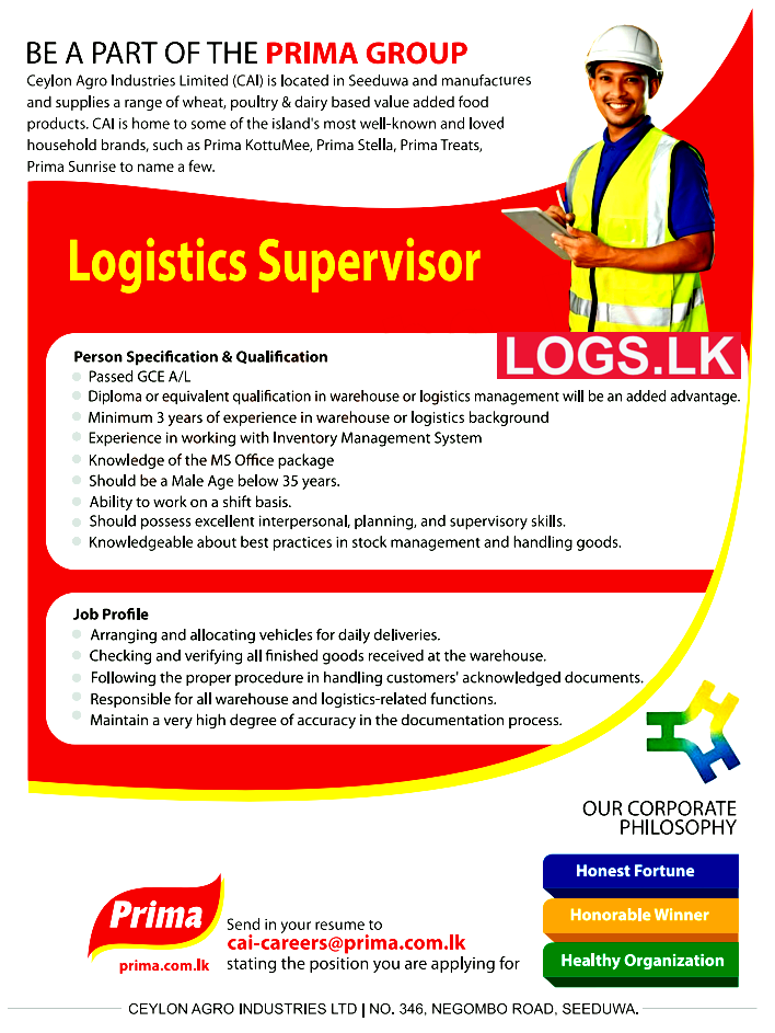 Logistic Supervisor Job Vacancy at Ceylon Agro Industries Job Vacancies