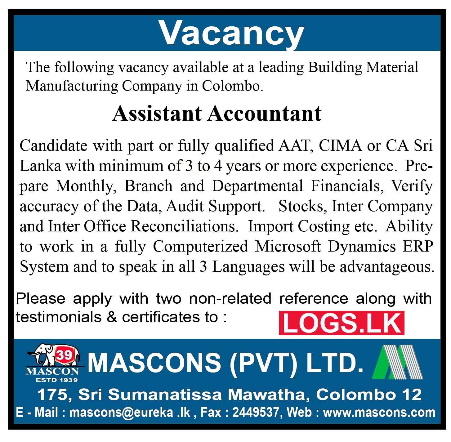 Assistant Accountant Job Vacancy at Mascons (Pvt) Ltd Job Vacancies