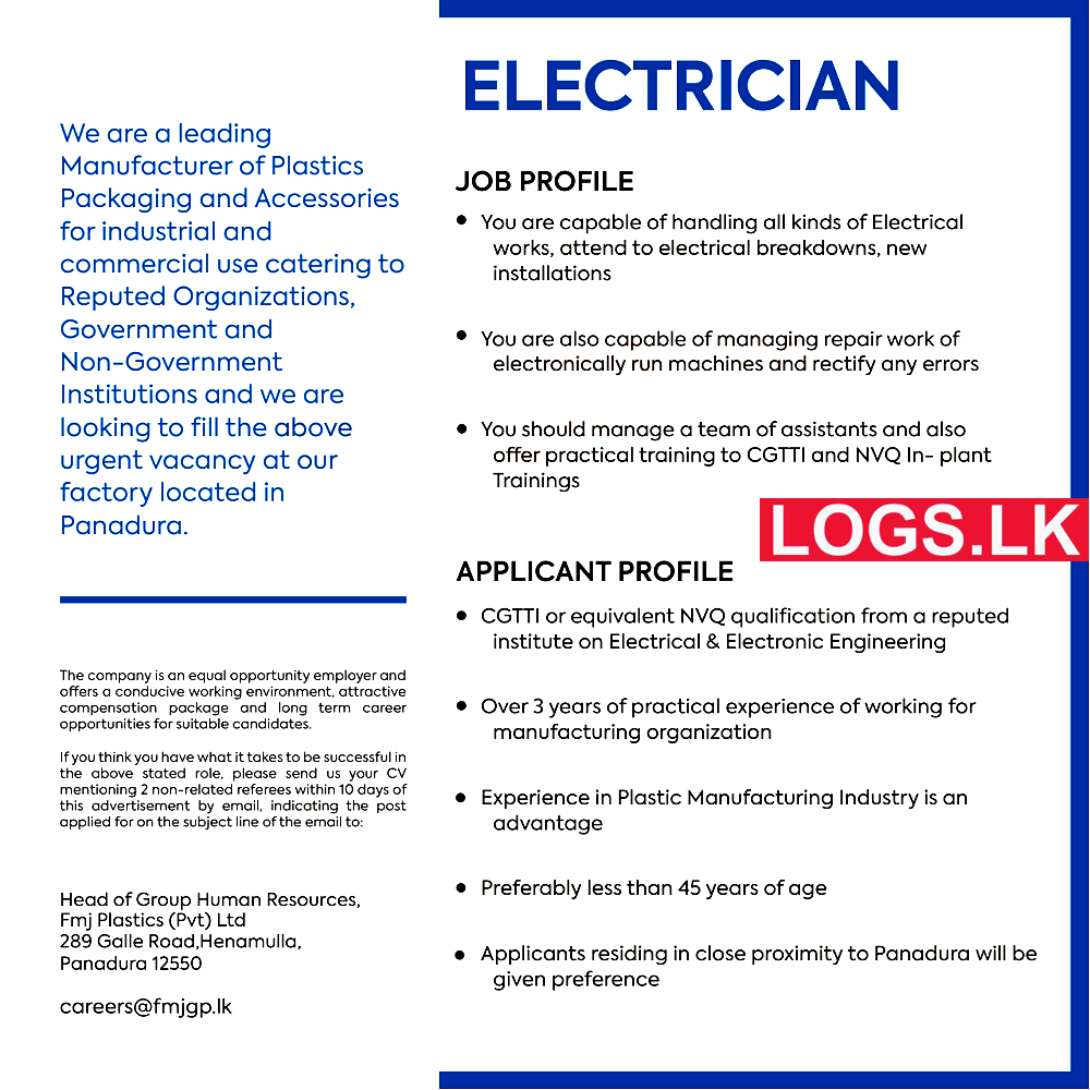 Electrician Job Vacancy at FMJ Plastics (Pvt) Ltd Job Vacancies