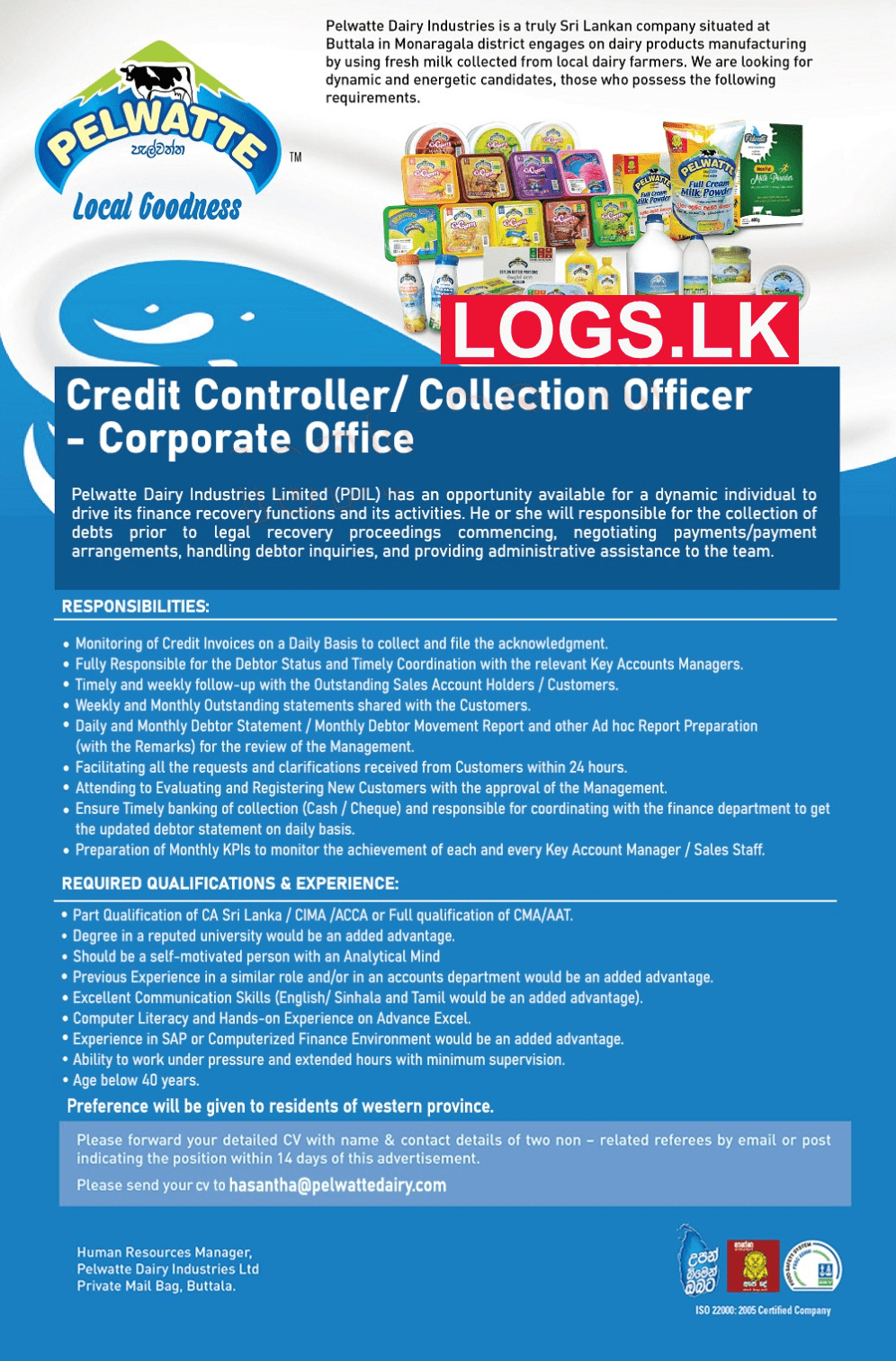 Credit Controller / Collection Officer Vacancy at Pelwatte Dairy Industries Job Vacancies