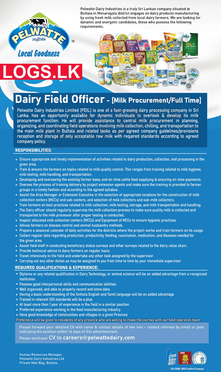 Dairy Field Officer Job Vacancy at Pelwatte Dairy Industries Job Vacancies