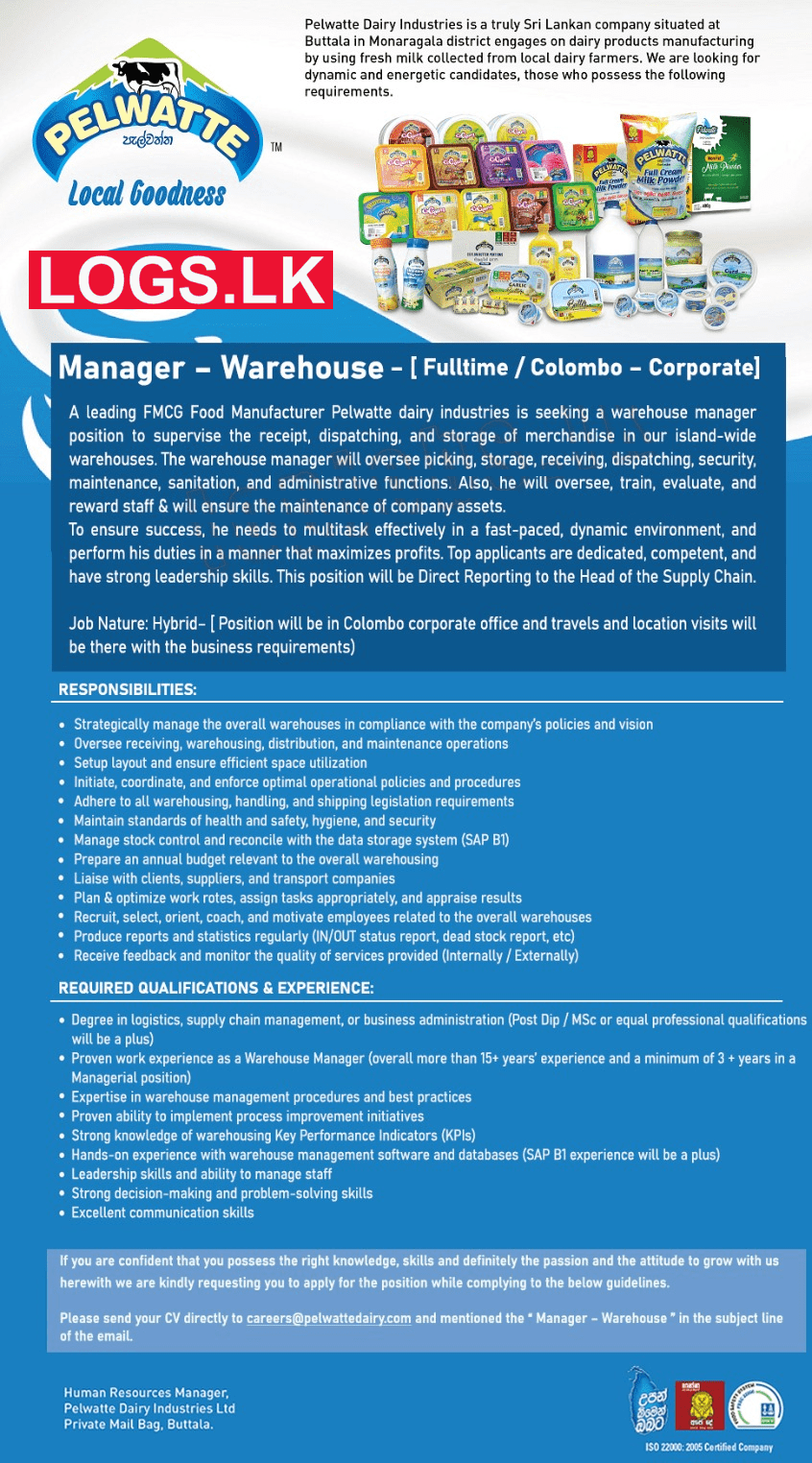 Manager (Warehouse) Job Vacancy at Pelwatte Dairy Industries Job Vacancies