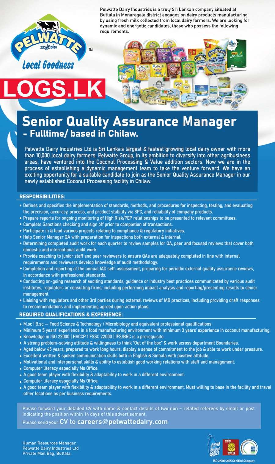 Senior Quality Assurance Manager Job Vacancy at Pelwatte Dairy Industries Job Vacancies in Sri Lanka
