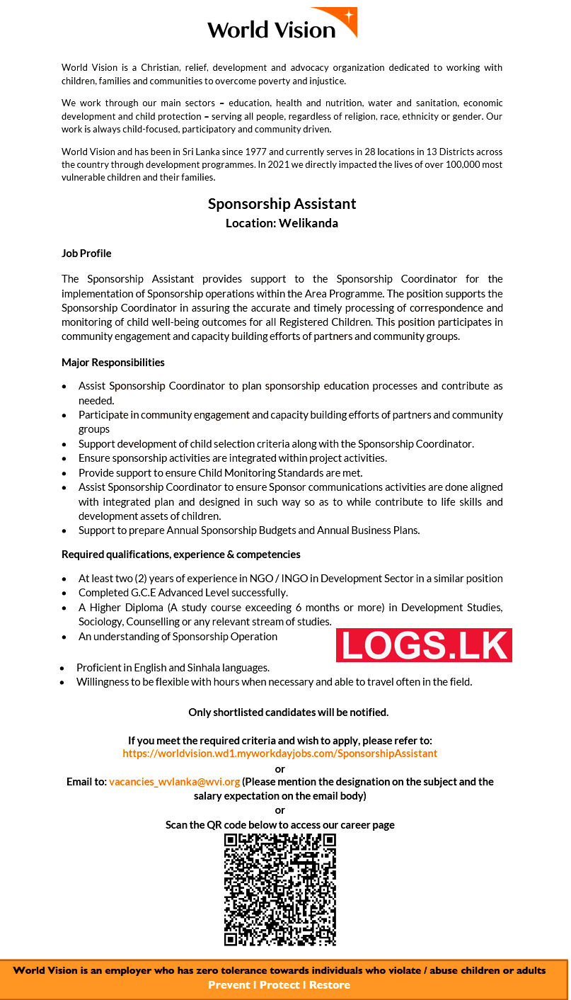 Sponsorship Assistant Job Vacancy at World Vision Sri Lanka Job Vacancies