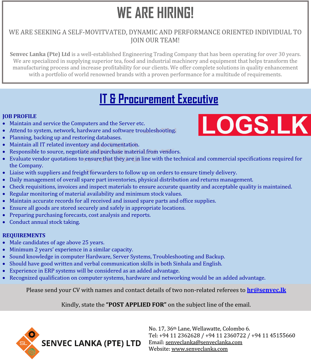 IT & Procurement Executive Vacancy at Senvec Lanka (Pte) Ltd Job Vacancies in Sri Lanka