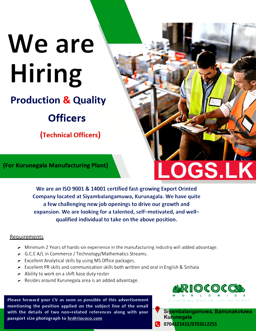 Production & Quality Officers Vacancies at Riococo Lanka (Pvt) Ltd Job Vacancy in Sri Lanka