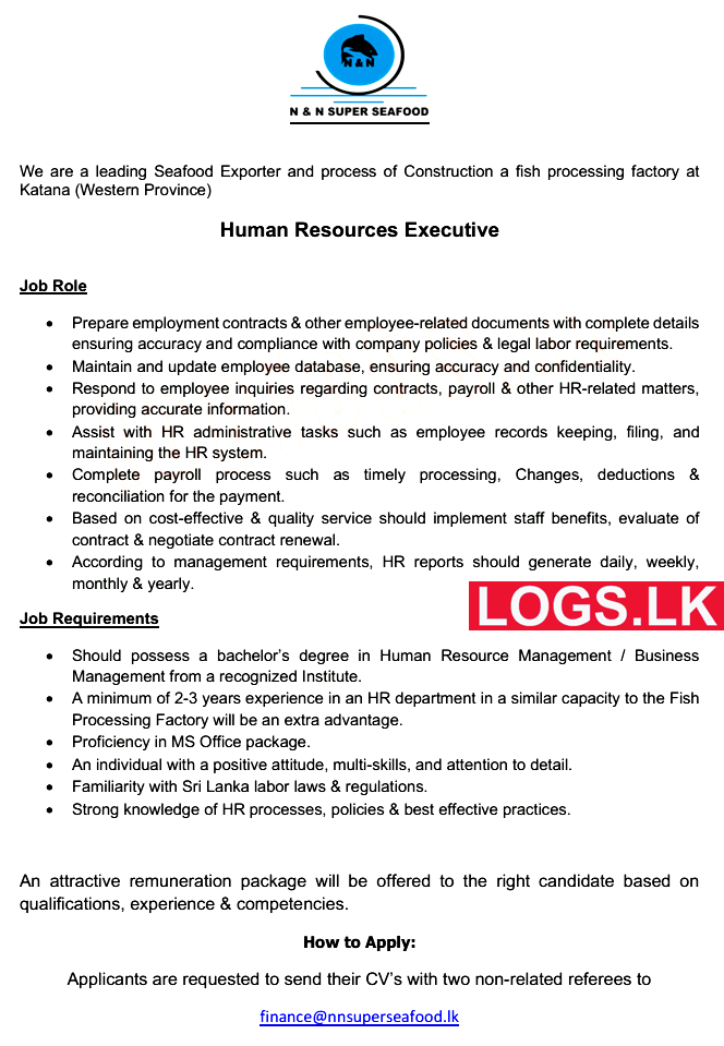 HR Executive Job Vacancy at N & N Super Sea Food Export (Pvt) Ltd Job Vacancies