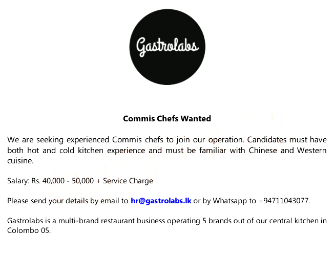 Commis Chef Job Vacancy at Gastrolabs (Pvt) Ltd Company Job Vacancies