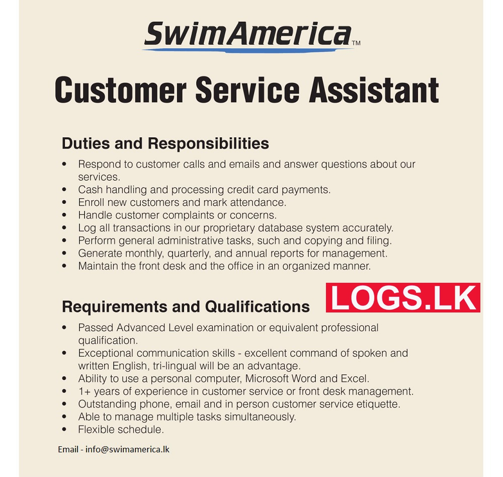Customer Service Assistant Job Vacancy at SwimAmerica (Pvt) Ltd Job Vacancies