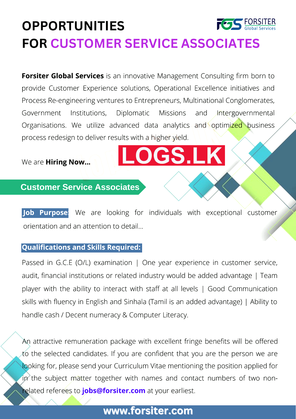 Customer Service Associates Vacancies at Forsiter Global Services (Pvt) Ltd Job Vacancies