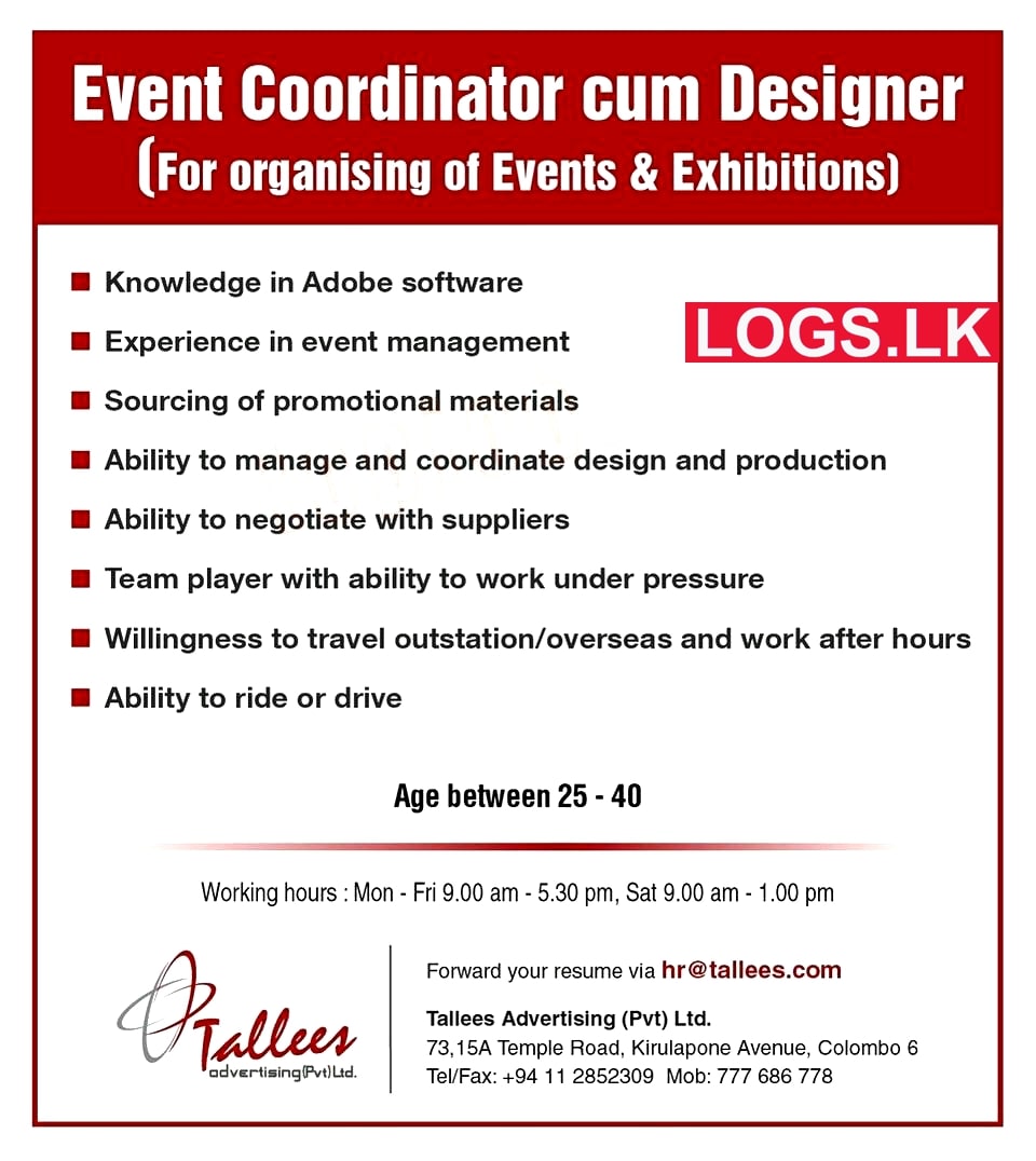 Event Coordinator cum Designer Vacancy at Tallees Advertising (Pvt) Ltd Job Vacancies