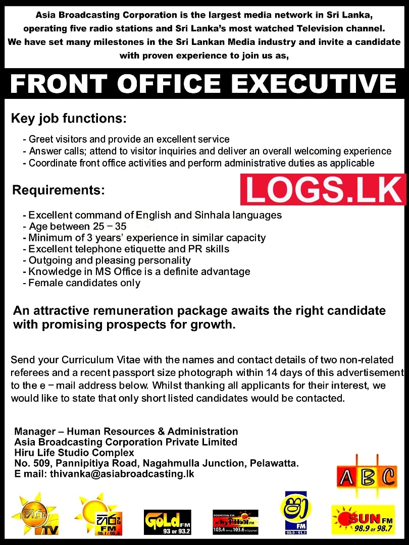Front Office Executive Job Vacancy at Asia Broadcasting Corporation (Pvt) Ltd Job Vacancies
