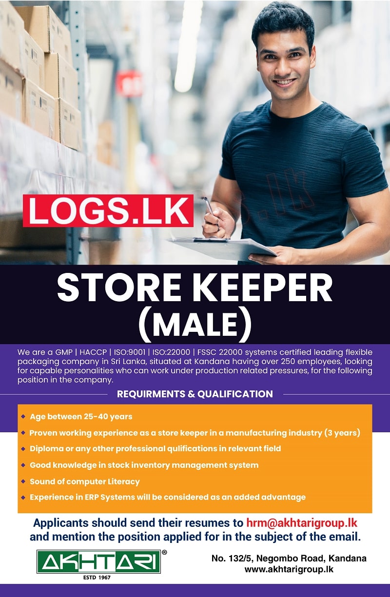 Store Keeper (Male) Job Vacancy at Akhtari Group Company Job Vacancies