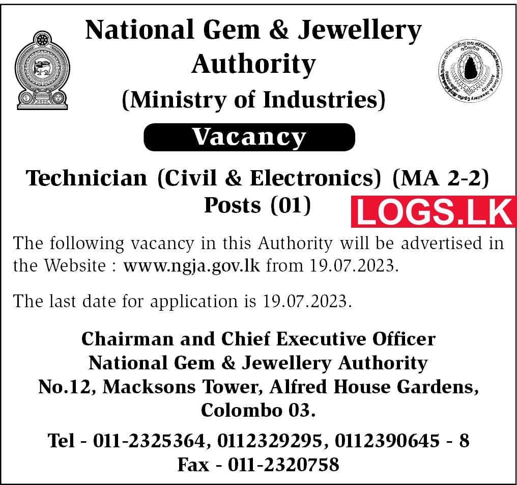 Technician - National Gem & Jewellery Authority Vacancies 2023 Application Form, Details Download