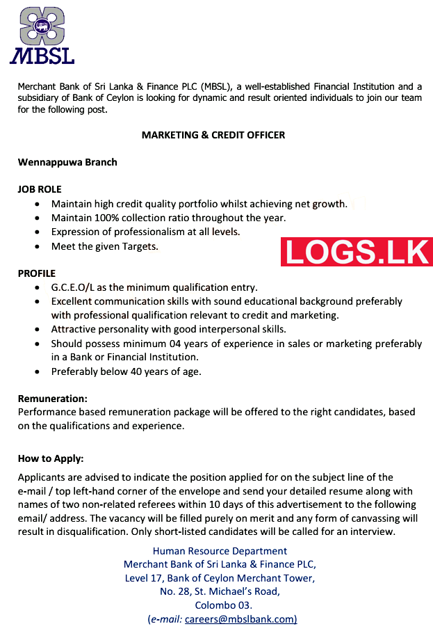 Marketing & Credit Officer - MBSL Bank Job Vacancies 2023 Application Form