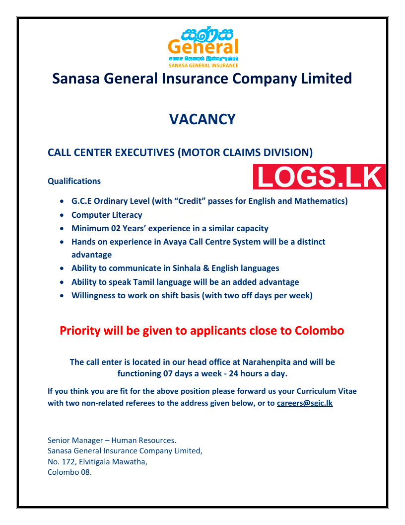 Call Center Executives Vacancies at Sanasa General Insurance Job Vacancies