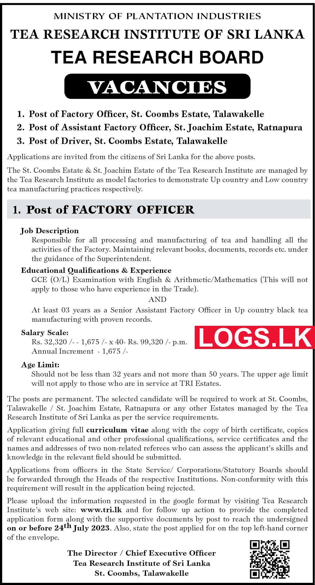Factory Officer - Tea Research Institute Job Vacancies 2023 Application Form, Details Download. Apply Online