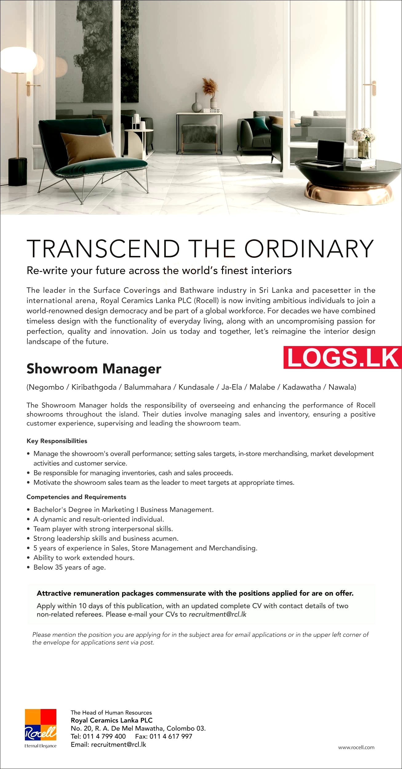 Showroom Manager Job Vacancy in Royal Ceramics Lanka PLC Job Vacancies in Sri Lanka