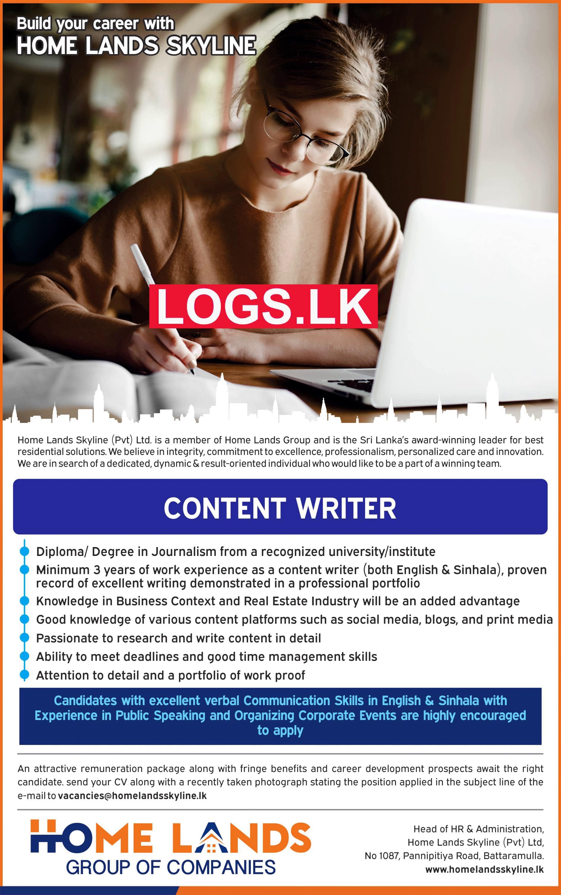 Content Writer Job Vacancy at Home Lands Skyline (Pvt) Ltd Job Vacancies in Sri Lanka