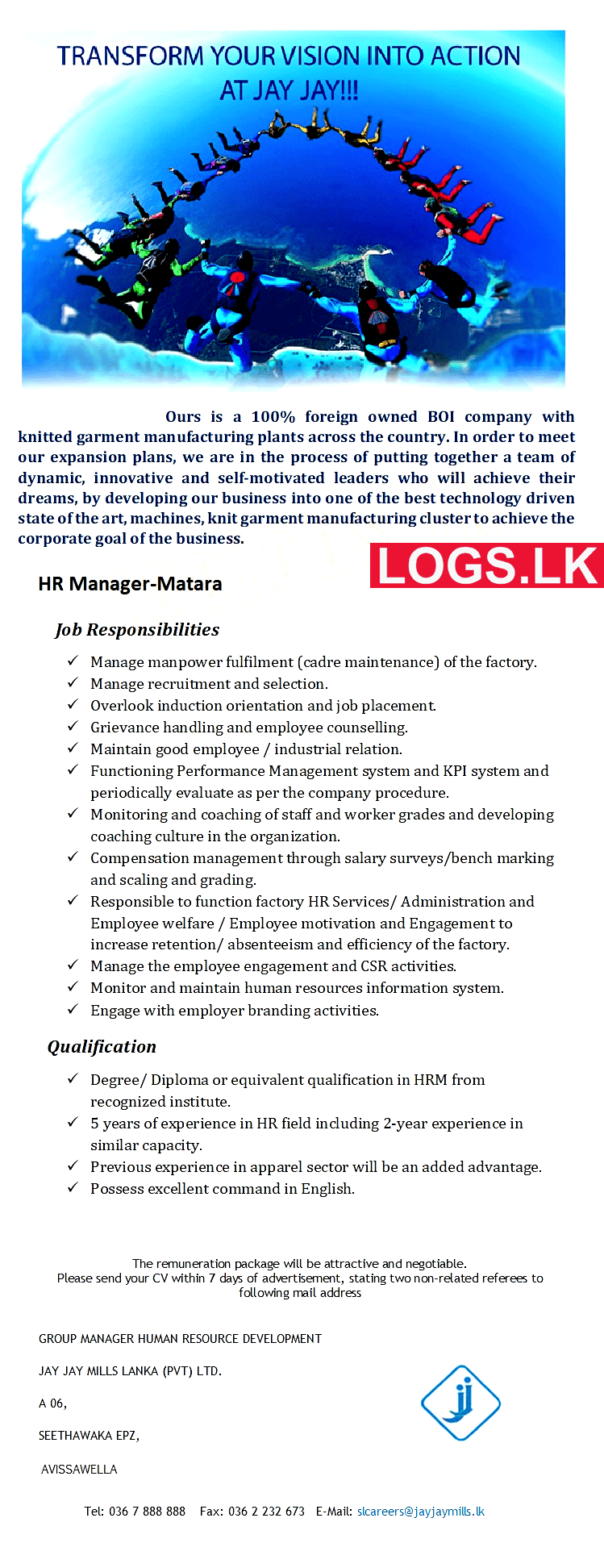 HR Manager Job Vacancy at Jay Jay Mills Lanka (Pvt) Ltd Matara Job Vacancies