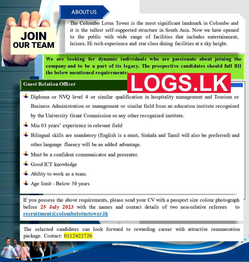 Guest Relation Officers - Colombo Lotus Tower Vacancies 2023 Application Form, Details Download