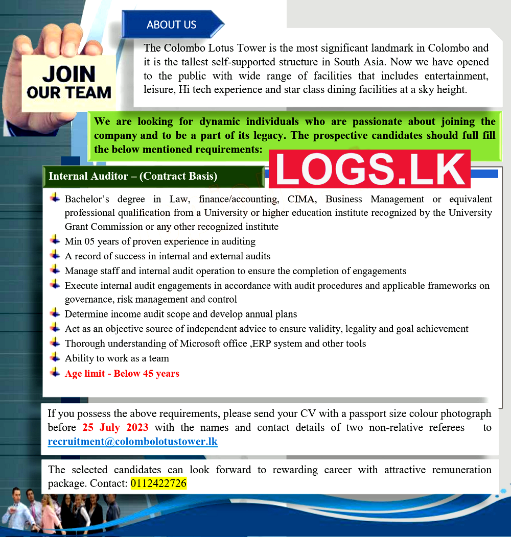 Internal Auditor - Colombo Lotus Tower Job Vacancies 2023 Application Form, Details Download