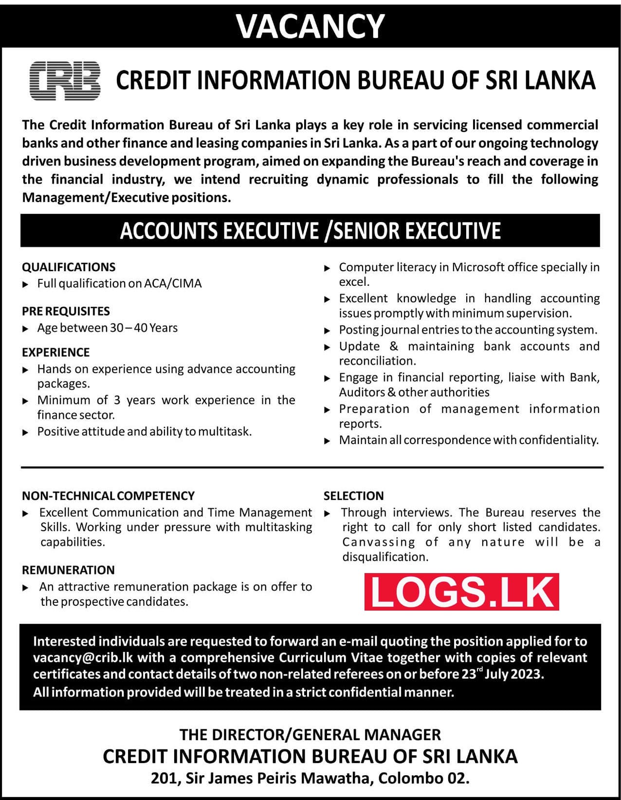 Accounts Executive - Credit Information Bureau Vacancies 2023 Application Form, Details Download