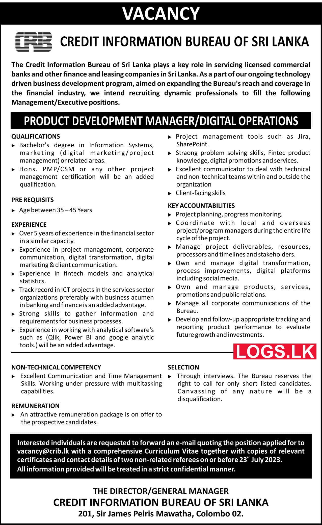 Product Development Manager - Credit Information Bureau Vacancies 2023 Application Form, Details Download