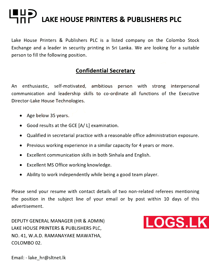Confidential Secretary Vacancy at Lake House Printers & Publishers PLC Job Vacancies