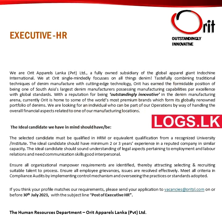 HR Executive Job Vacancy at Orit Apparels (Pvt) Ltd Job Vacancies in Sri Lanka